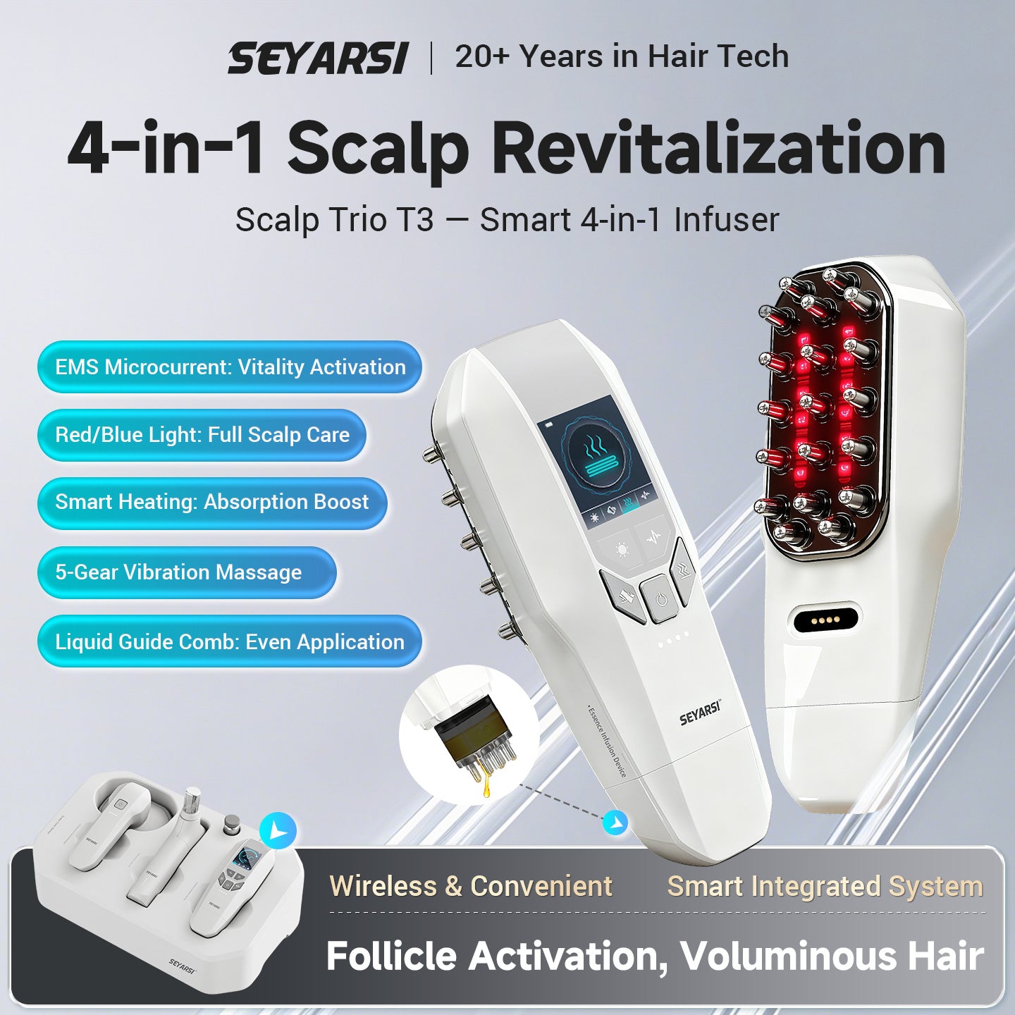 seyarsi wireless scalp massage device scalp treatment comes with spray,EMS red light comb