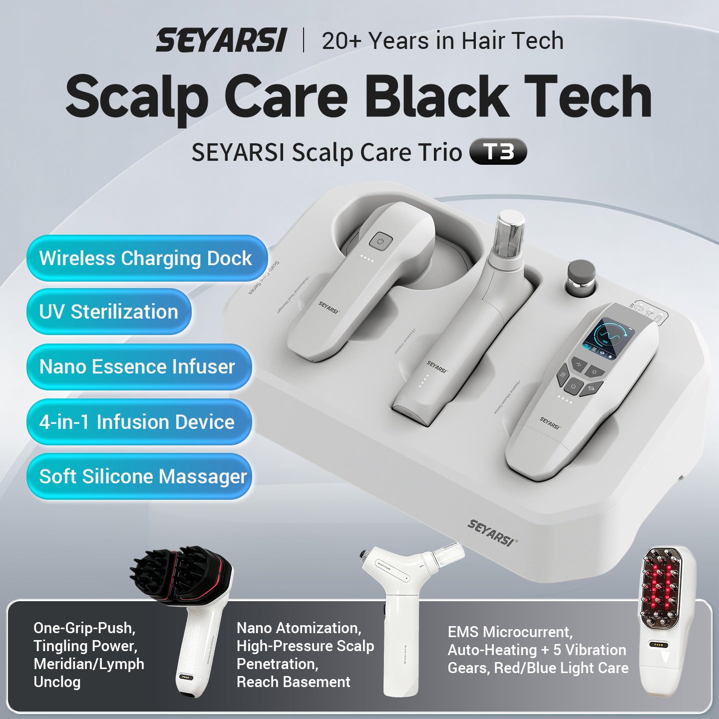 seyarsi wireless scalp massage device scalp treatment comes with spray,EMS red light comb